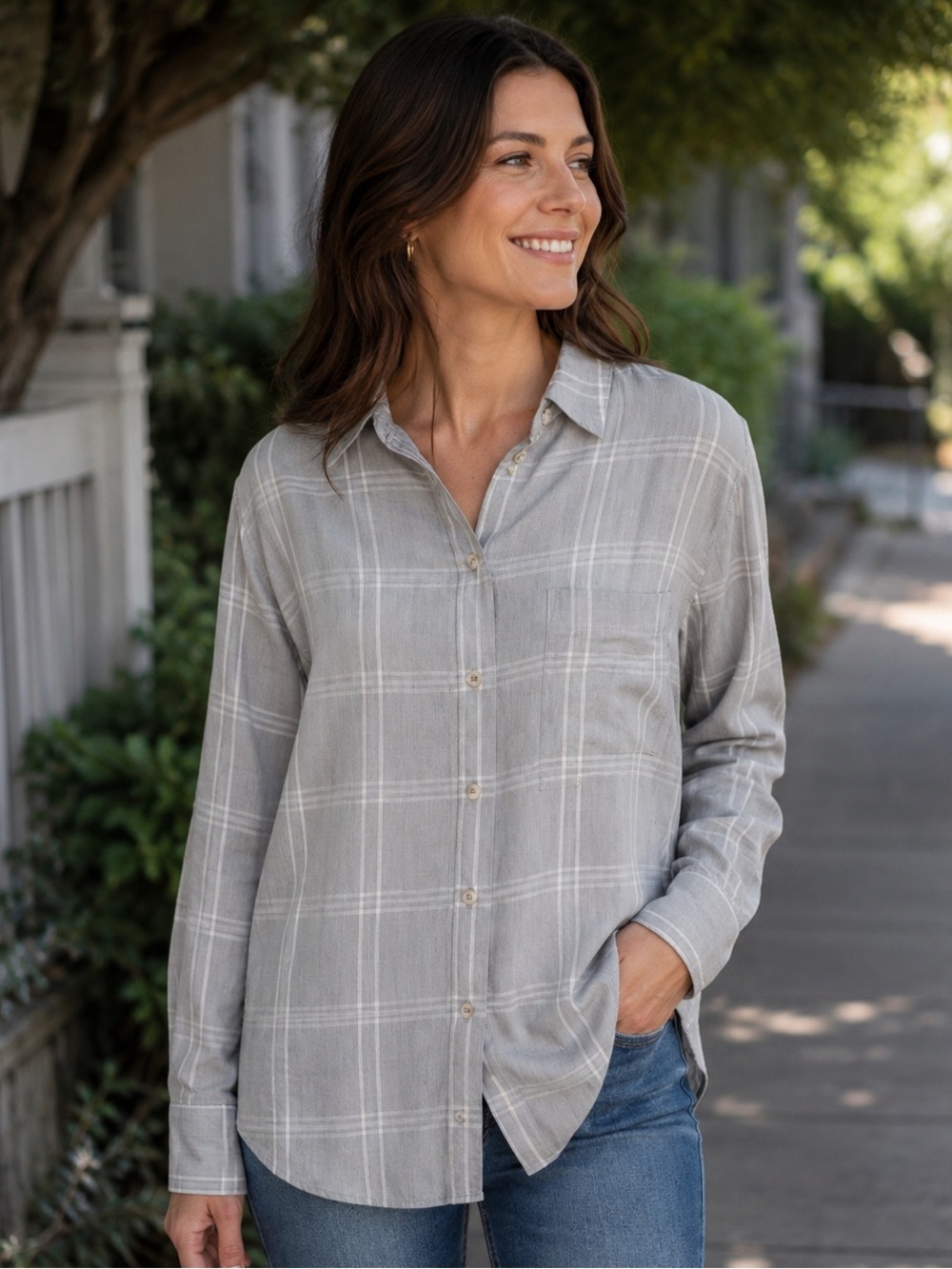 Madewell Gray & White Windowpane Plaid Button-Down Shirt Size XS